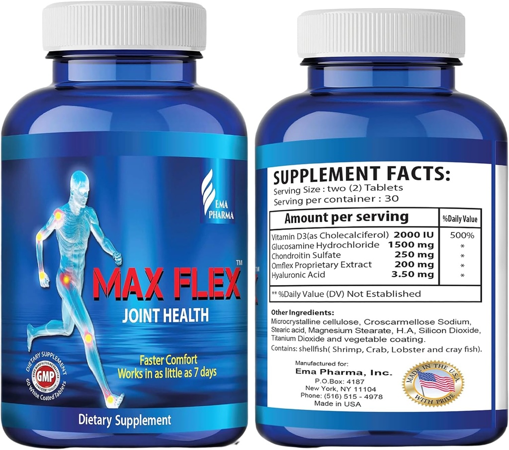 MAX FLEX UC II, Suplemento de Collagen para la Salud Conjunta – Suplemento de Soporte Conjunto avanzado con Glucosamina, Condroitina, Alivio Inflamatorio Conjunto como Turmérico – Gluten Libre – 60 Tabletas, 2 Tabletas/Day