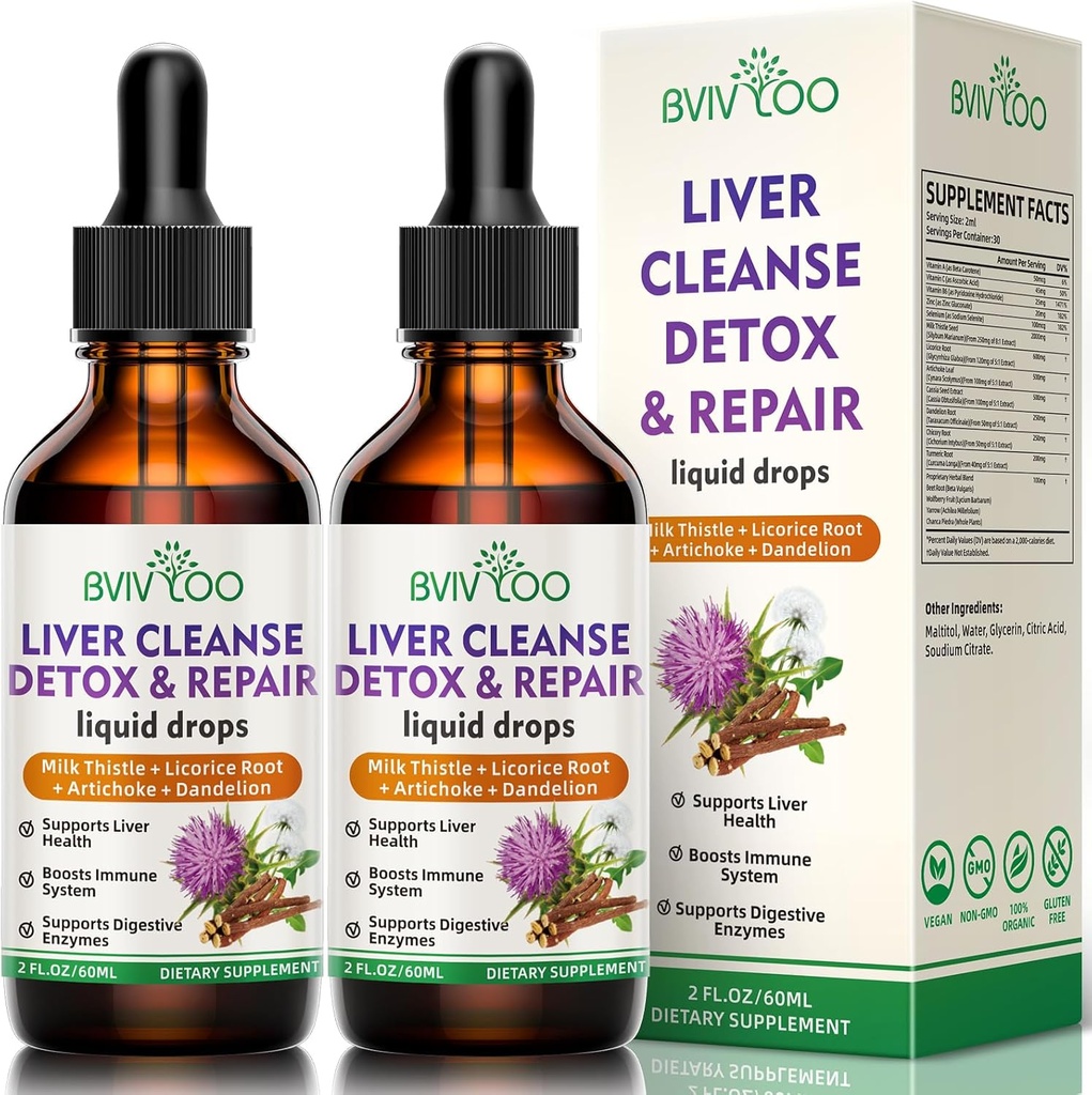 2 Pack Liver Health Liquid Drops - 2000mg Milk Thistle, Dandelion Root, Artichoke, Silymarin Extract, " Turmeric Herbs - Vegan, Non-GMO - 4 Fl Oz (120ml)