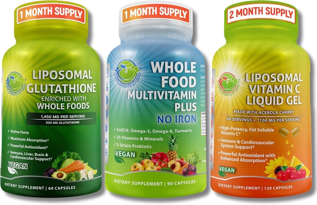 Daily Immune, Antioxidante &amp; Energy Support Bundle – Liposomal Glutathione 500mg con Whole Foods + Liposomal Vitamina C 1100mg Liquid Gel + Vegan Whole Food Multivitamin Sin Hierro