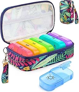 Organizador semanal de píldoras 7 días 2 veces al día con Maple-Leaf Printed Bag, AMOOS AM PM Pill Holder with Lightproof Canvas Bag, BPA-Free Funda de gran pillera para vitamina, suplemento, medicamentos, aceite de pescado
