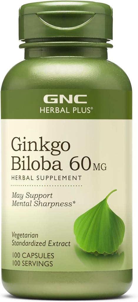 GNC Herbal Plus Ginkgo Biloba 60mg Suplemento, Vegetariano, apoya la Sharpness mental, 100 servicios