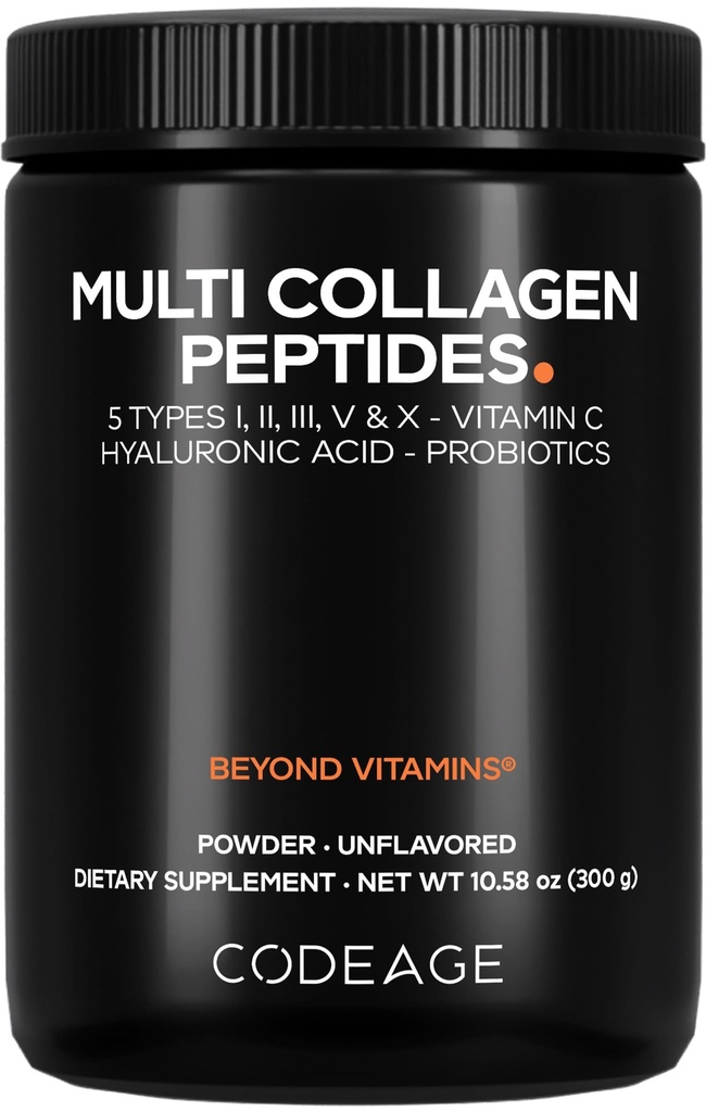 Codeage Multi Collagen Peptides Powder + Probiotics Black Edition, Vitamina C, Hyaluronic Acid Powder Suplemento, Grass-Fed, Hydrolyzed, Zero Carbs, Tipo I, II, III, V &amp; X, Unflavored, 10.58oz