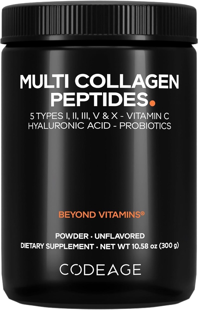 Codeage Multi Collagen Peptides Powder + Probiotics Black Edition, Vitamina C, Hyaluronic Acid Powder Suplemento, Grass-Fed, Hydrolyzed, Zero Carbs, Tipo I, II, III, V &amp; X, Unflavored, 10.58oz