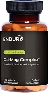 Complejo Endur Cal-Mag, Bone & Heart Support for Active Lifestyles, Calcio y Magnesio con Vitamina D3, Gluten Free, 300 Tablets
