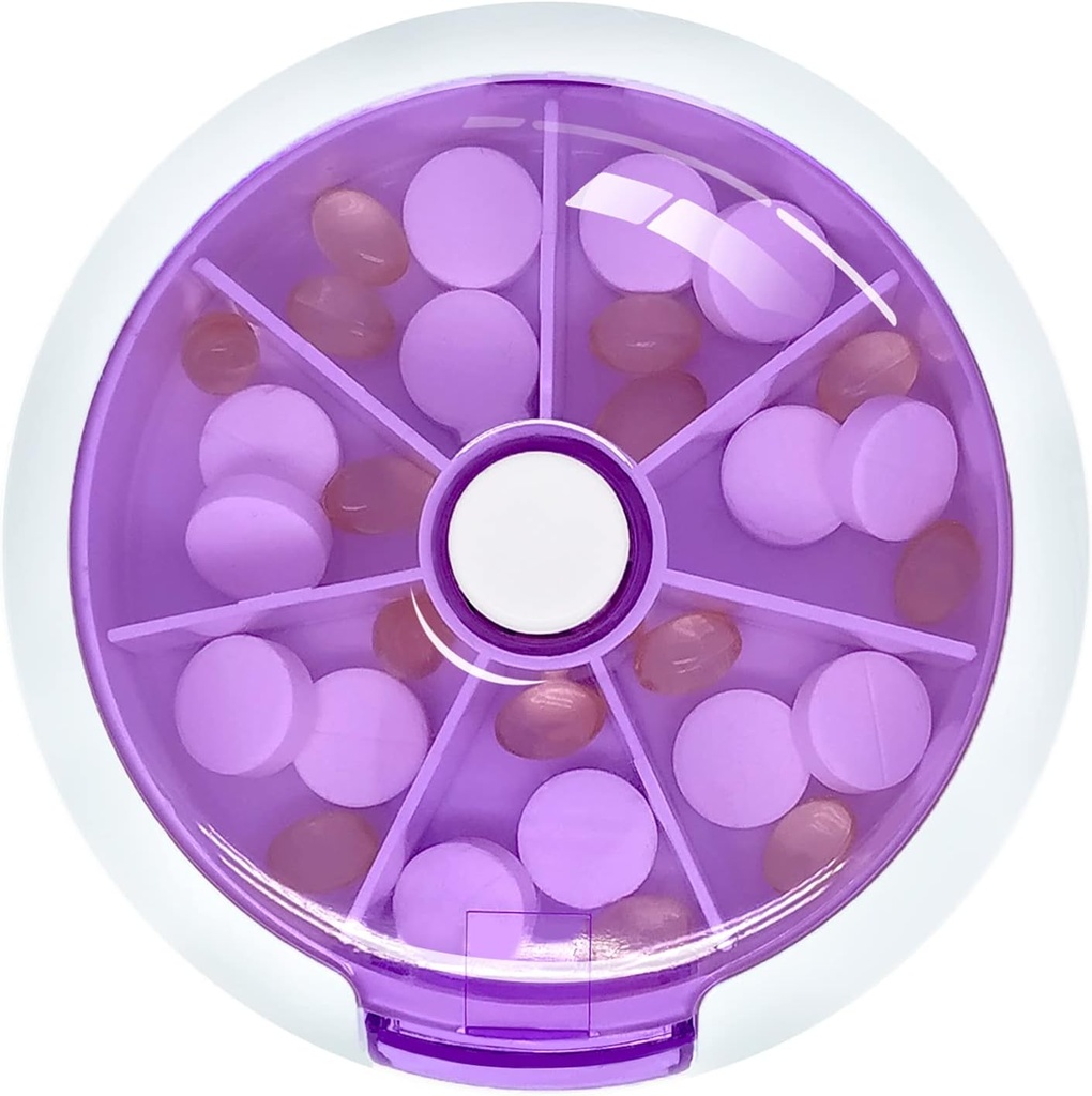 Pill Cases Organizador semanal de píldoras INVODA 7 Día 3 Tiempos Dispensador de píldoras Empujador de botón girar Planificador con 7 Compartimientos (Purple)