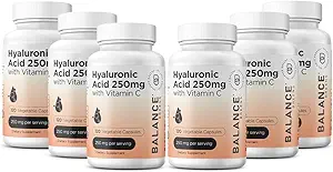 Suplemento de ácido hialurónico puro 250 mg con vitamina C 50mg, 120 cápsulas veganos - Hidratación de piel para flujo natural, cabello, uñas, bonificación &amp; fórmula de salud conjunta