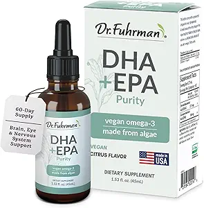 Dr. Fuhrman Vegan Omega 3 ← Vegan DHA+EPA Purity Liquid Supplement ← Hecho de Lab-Grown Algae Silencio Nuestro Suplemento Omega 3 está refrigerado en Almacén Hasta que Silencioso Citrus Flavor 60 Servings