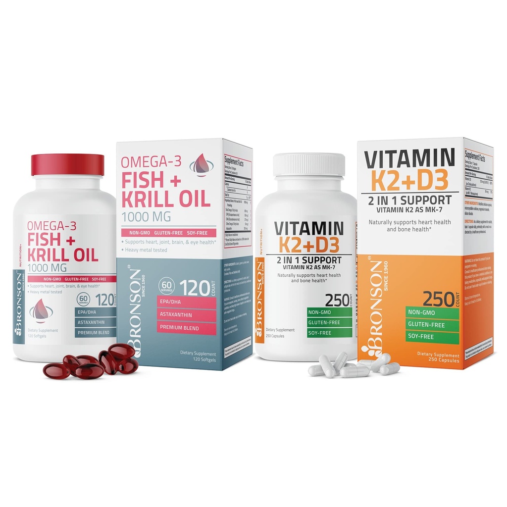 Bronson Vitamina K2 (MK7) con D3 Suplemento Omega-3 Fish + Krill Oil 1000 MG