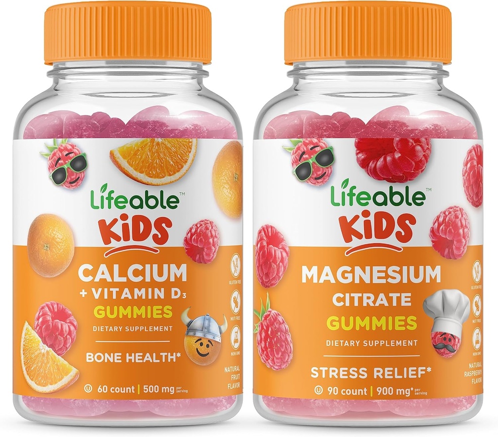 Lifeable Calcium with Vitamin D Kids + Magnesium Kids, Gummies Bundle - Great Tasting, Vitamin Supplement, Gluten Free, GMO Free, Chewable Gummy