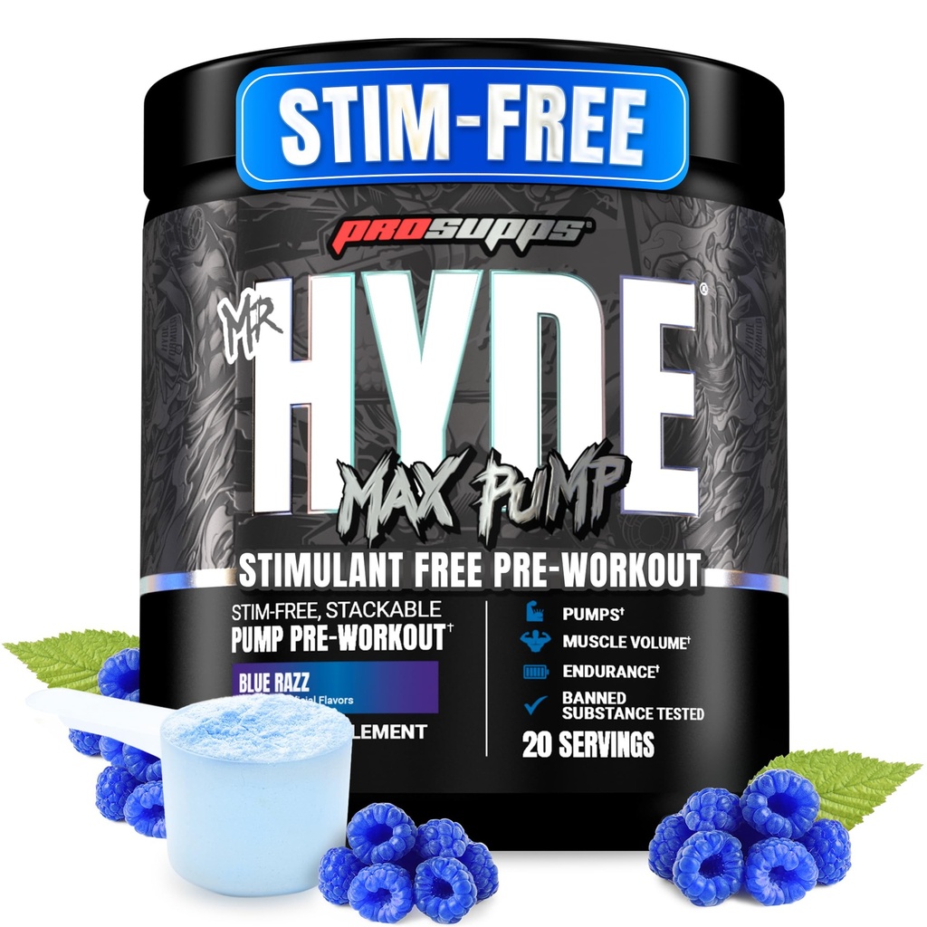 PROSUPPS Mr. Hyde Max Pump Pre Workout Powder - Stim-Free Preworkout Supports Blood Flow, Muscle Volume &amp; Endurance - Caffeine-Free Nitric Oxide Gym &amp; Fitness Supplements (Blue Razz, 20 Servings)