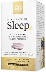 Solgar Triple Acción Dormir, 60 Tablas Tri-Layer - Time-Release Melatonin & L-Theanine Plus Herbal Blend - Le ayuda a relajarse, Fall Asleep Fast & Stay Asleep Longer - Non-GMO, Gluten Free - 60 Servings