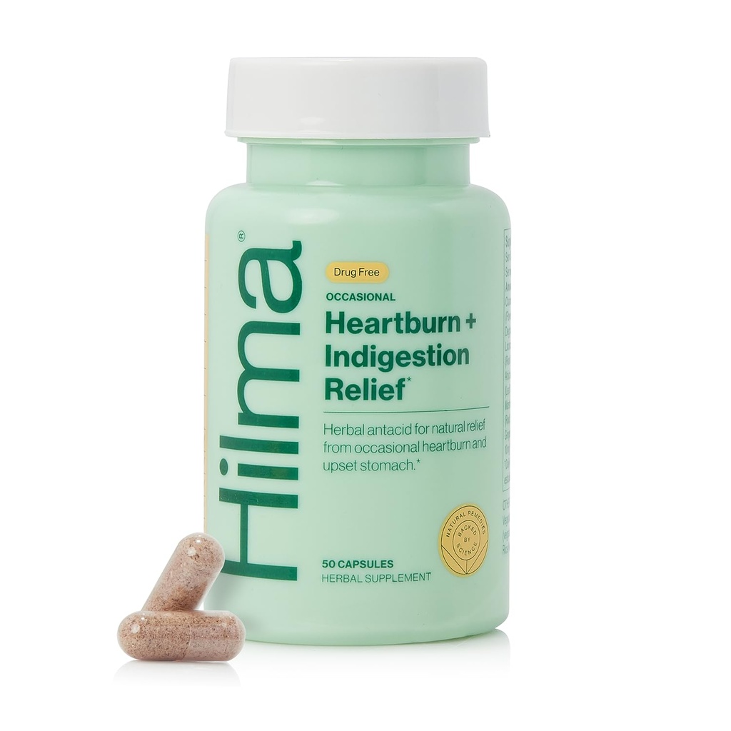 Hilma Heartburn " Indigestion Relief, Natural Antacid for Occasional Acid Reflux & Heartburn, Ginger, Chamomile, Marshmallow Root and More, Doctor-Formulated and Clinically-Studied, 50 Vegan Capsules