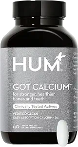 HUM obtuvo suplementos de calcio para mujeres y hombres, Vegan Bone Health " Teeth Health Support Supplement, 630mg Calcium with Vitamin D3, Citrate, for Easy Enhanced Absorption, 60 Vegan Tablets