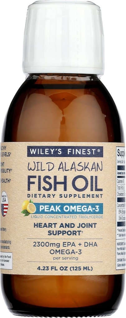 Wiley's Finest Wild Alaskan Fish Oil Peak Omega-3 Suplemento líquido - 2300mg EPA y DHA Omega-3s - Lemon Flavor - 4.23 Oz (25 Servimientos)