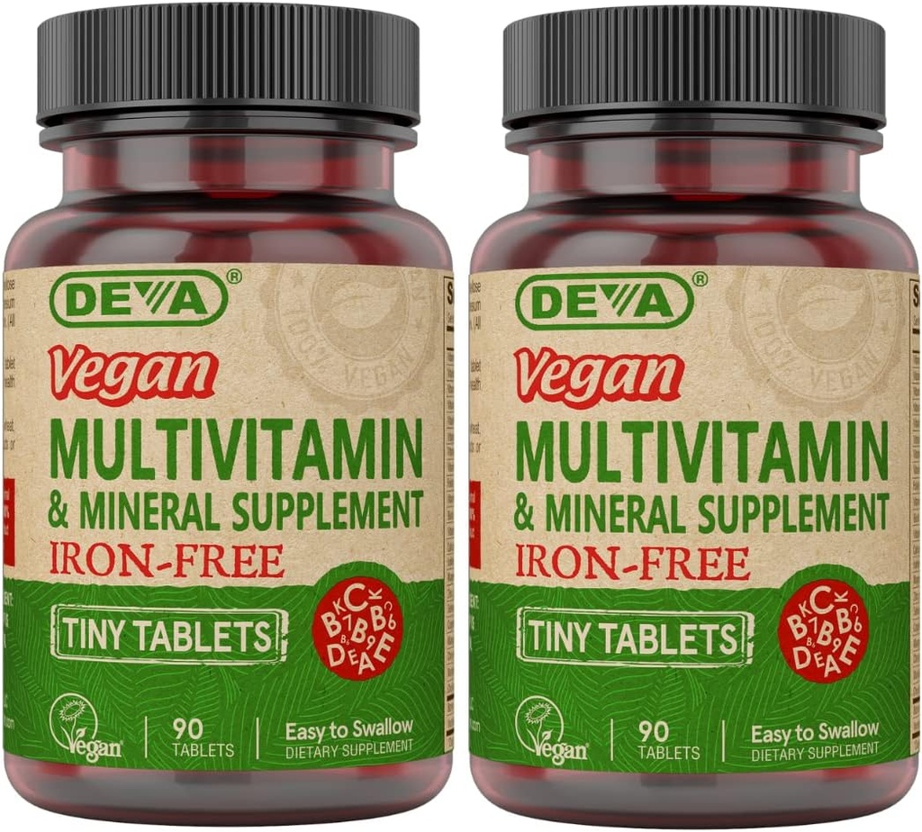DEVA Vegan Iron-Free Multivitamina &amp; Mineral Suplemento 2-Pack, Vitamina C, D2, E &amp; B-Complex, Biotina, 90 Tiny Tablets Cada