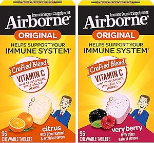 Airborne 1000mg Vitamin C Chewable Tablets Citrus &amp; Very Berry Flavor Bundle - Immune Support Suplemento con Zinc y Powerful Antioxidant Vitaminas A C &amp; E, (2x96ct bottles)*