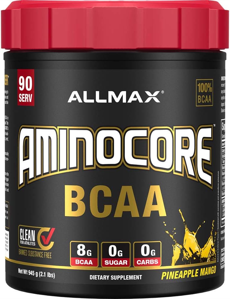 ALLMAX Nutrition AMINOCORE BCAA, Pineapple Mango - 945 g Polvo - 8.18 Gramos de ácidos de cadena ramificados por servicio - con vitaminas B - No Fillers o Aminos no-BCAA - Sugar Gratis - 90 Servings