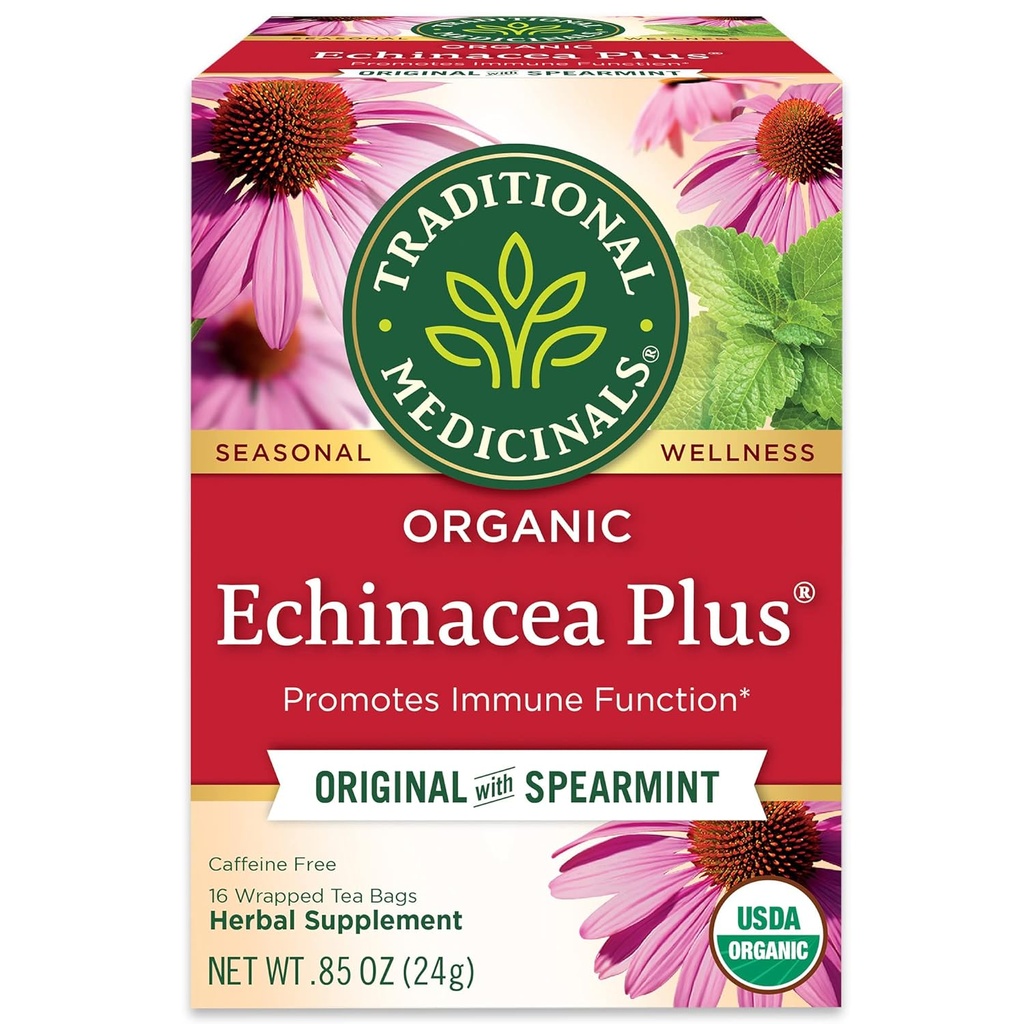 Medicinales tradicionales Echinacea orgánica con té de hierbas Spearmint, promueve la función inmunitaria (Pack of 1) - 16 bolsas de té