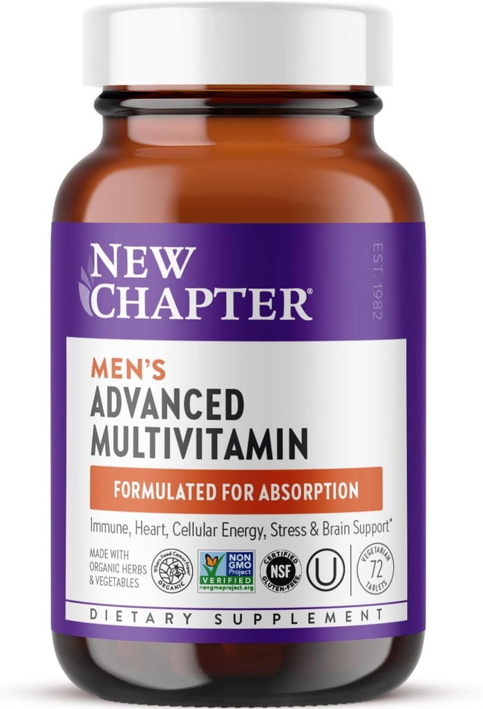 Nuevo Capítulo Multivitamínico de hombres Fórmula avanzada para estrés, cerebro, inmune, corazón y energía de apoyo, niveles más altos de nutrientes esenciales fermentados enteros para hombres + vitaminas selenio + B, 72 ct