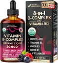 USDA Organic Vitamin B-Complex B5 Pantothenic Acid | B12 Methylcobalamin | B1 Thiamine | B6 Pyridoxine | B7 Biotin | B9 Folic | B3 Niacinamide - B Complex Liquid Drops, Made in USA Supplement, 4fl oz