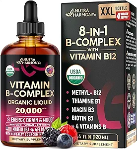 USDA Organic Vitamin B-Complex B5 Pantothenic Acid TEN B12 Methylcobalamin TEN B1 Thiamine TEN B6 Pyridoxine TEN B7 Biotin TEN B9 Folic TEN B3 Niacinamide - B Complex Liquid Drops, Made in USA Supplement, 4fl oz