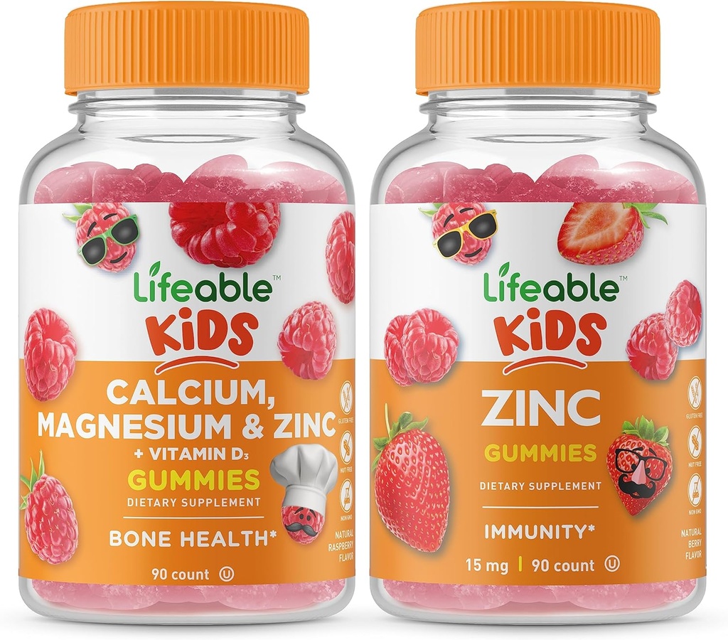 Lifeable Calcium Magnesium & Zinc Kids + Zinc Kids, Gummies Bundle - Great Tasting, Vitamin Supplement, Gluten Free, GMO Free, Chewable Gummy
