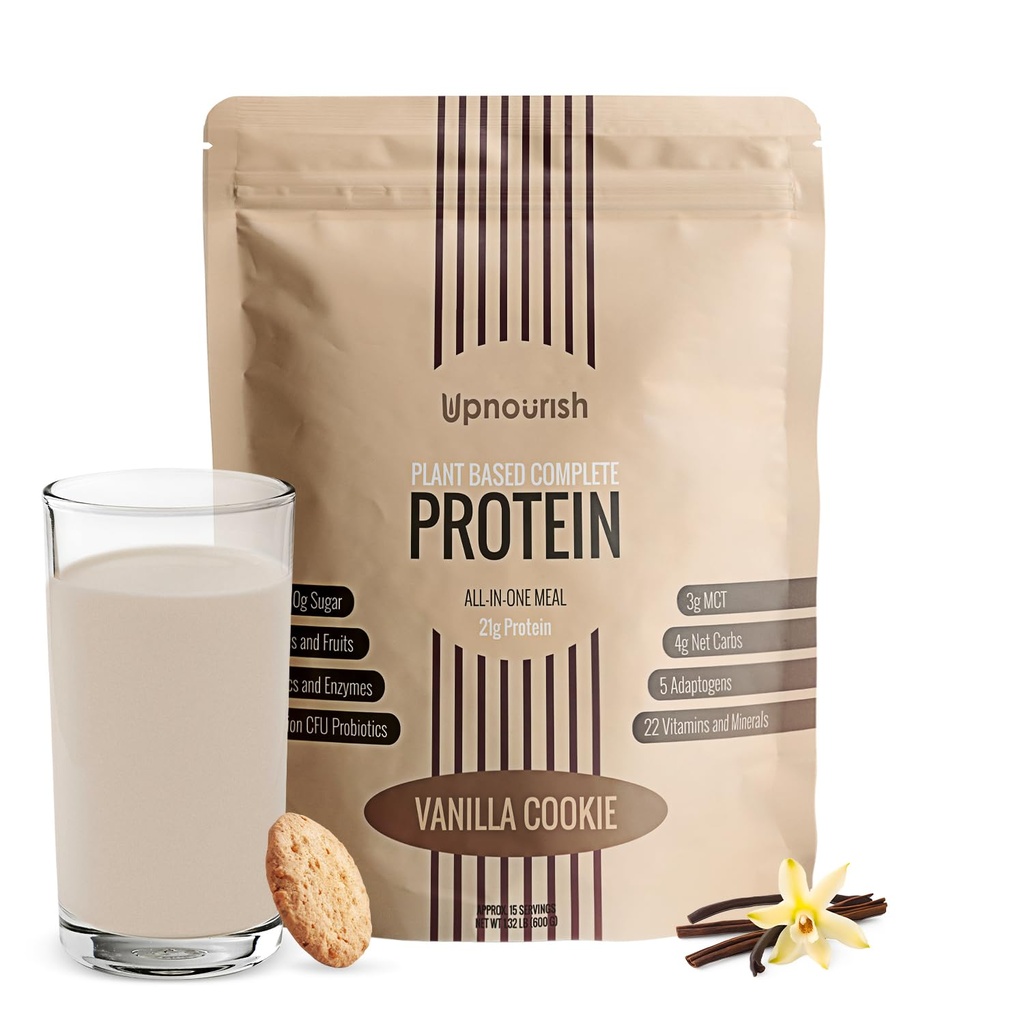 UpNourish Vanilla Cookie Vegan Protein Powder 54 Superfoods Powder,1.5 Billion CFU Probiotics 21g Plant Based Protein,No Sugar No Dairy No GMO Dairy Free,Meal Replacement Shake Keto-Friendly Low-Carb Diet,15 Servings