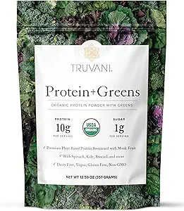 Truvani Protein + Verdes Suplemento ← Espinacas, Kale " Broccoli  10g Orgánica Proteína basada en plantas ← 20 Servimientos Silencio USDA Orgánica ← Gluten " Dairy Free ← Vegan Silencio No Añadido Sugar