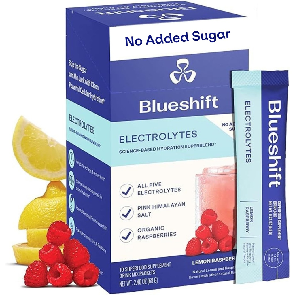 Electrolitos Blueshift - Electrolitos Naturales Packets de Polvo, Packs de Hidratación Orgánica, Mezcla de Bebida Electrolítica Pegatinas sin azúcar, Empaquetado de Servido Único - Sabor de limón, Pegatinas de Polvo (10 Pack)