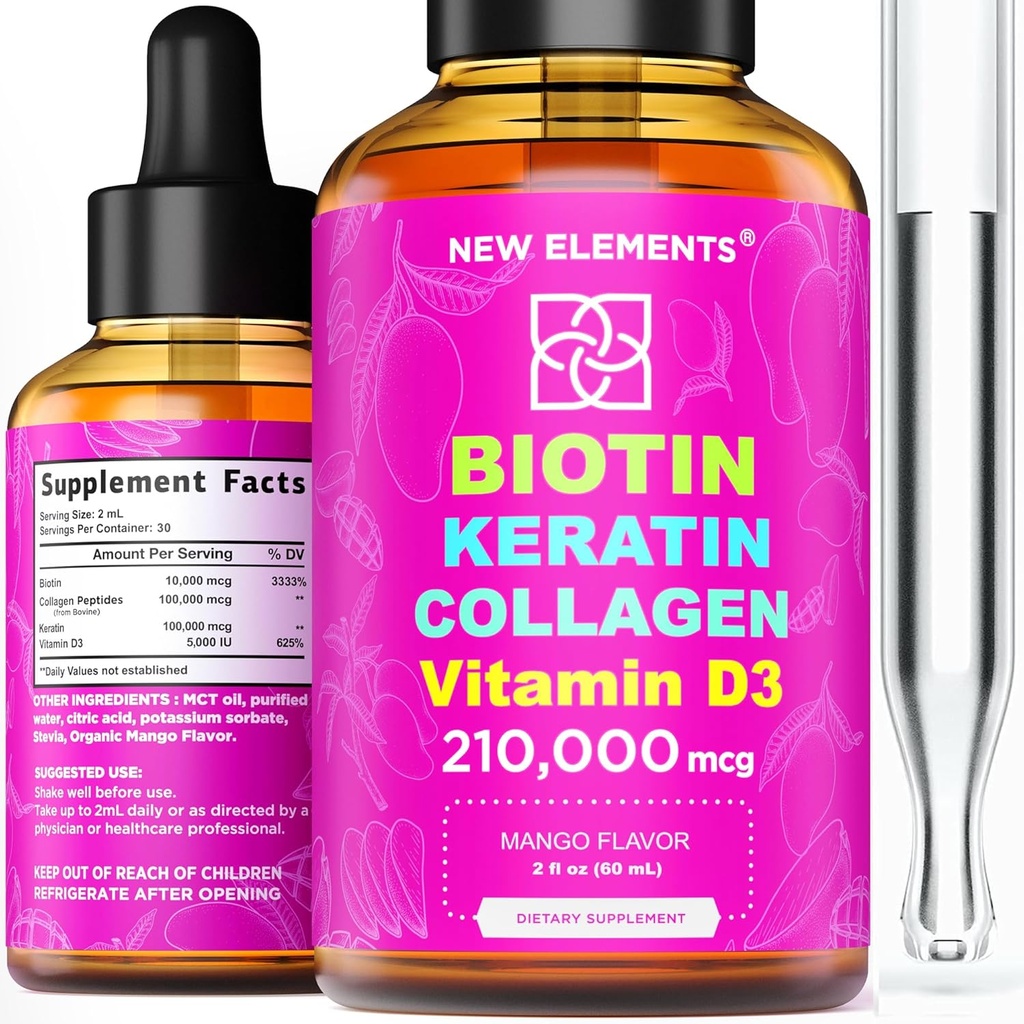 Líquido Biotina Collagen Peptides &amp; Vitamina D3 para el crecimiento del cabello MCT gotas de aceite 210,000mcg - Fórmula poderosa para la piel del cabello y uñas, suplemento de crecimiento del cabello más avanzado para hombres y mujeres