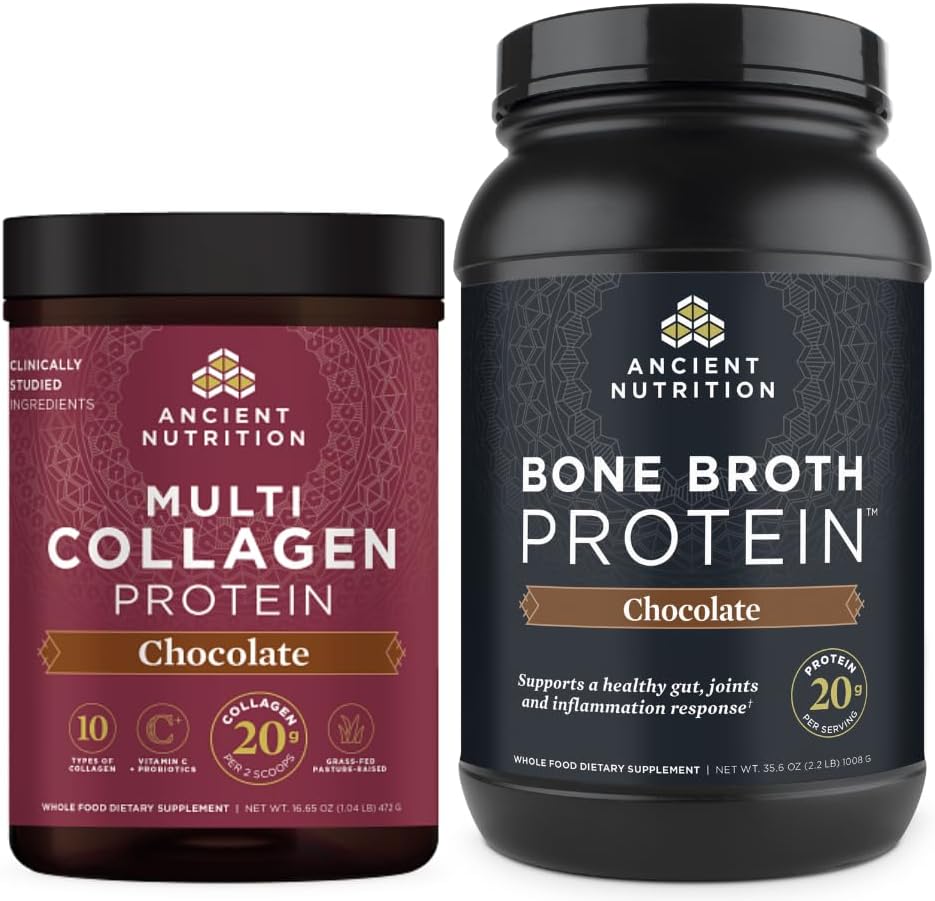 Ancient Nutrition Multi Collagen Protein Powder, Chocolate, 40 Servings + Bone Broth Protein Powder, Chocolate, 40 Servings
