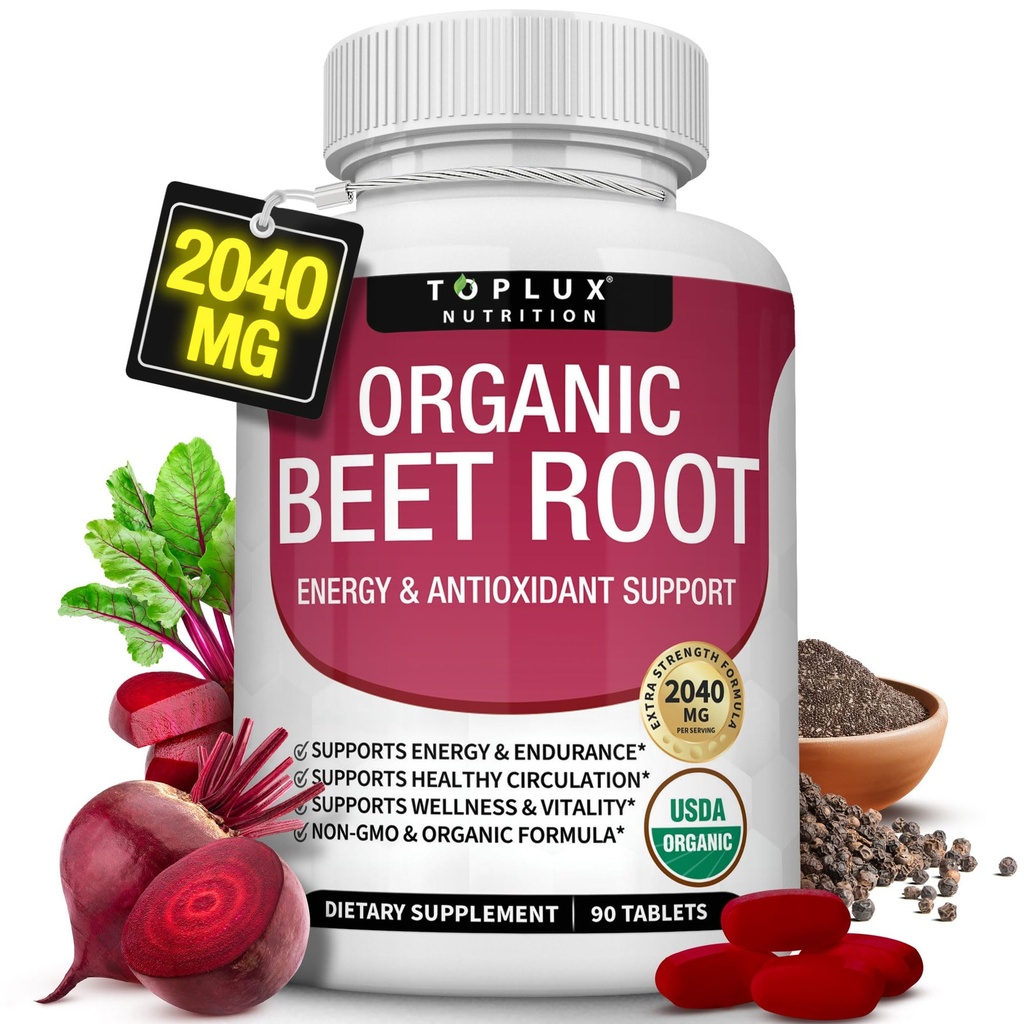Tablas de patas de remolacha orgánica - 2040 mg de remolachas de óxido nítrico natural para apoyar, energía, cobre negro mejor absorción, no GMO, para hombres mujeres, 90 tabletas