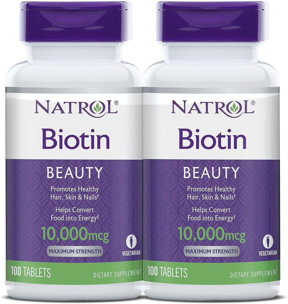 Natrol Biotin Beauty Tablets, promueve el cabello saludable, la piel y las uñas, ayuda a apoyar el metabolismo energético, ayuda a convertir alimentos en energía, fuerza máxima, 10.000 mg, 100 Cuenta (Pack of 2)