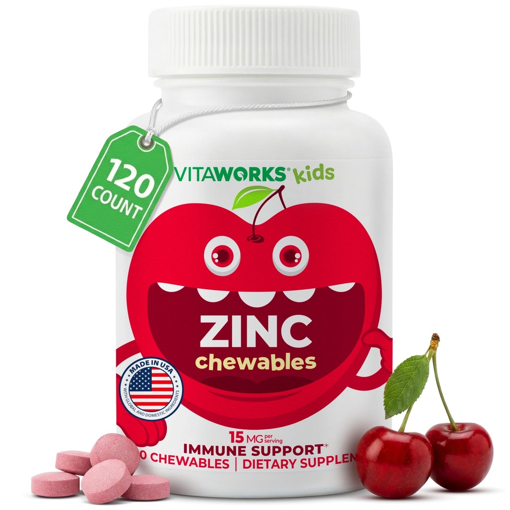 Niños Zinc 15mg Chewable Tablets - Natural Cherry Flavor - Vegan, Vegetariano, GMO-Free, Nut Free Vitaminas - Suplemento dietético para Immune Support - para niños - 120 Chewables