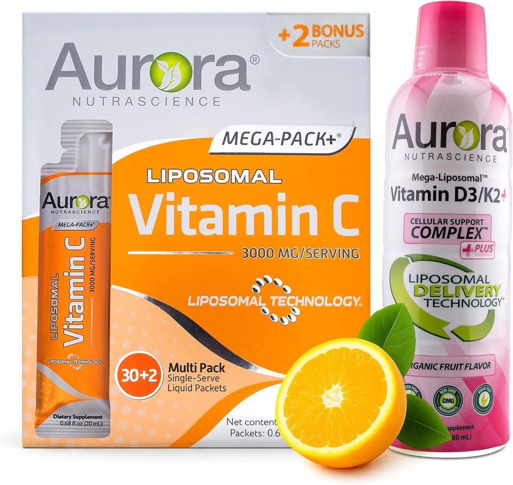 Aurora Nutrascience Mega Liposomal Vitamina C 32 Pack + Vitamina D3/K2 Botella Bundle - Suplemento para Immune Support &amp; Cognitive Health - 32 Sirve cada uno