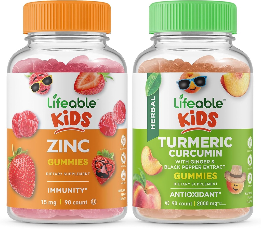 Niños Zinc Lifeable + Turmeric Curcumin Kids, Gummies Bundle - Gran Tasting, Suplemento de vitamina, Gluten Gratis, GMO Gratis, Chewable Gummy