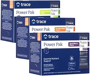 Trace Minerals Power Pak Multivitamin and Multimineral Packets - Electrolyte Support - 1200 mg Vitamin C Plus 70 Orange Blast, Lemon Lime, and Acai Berry Variety - 90 Packets