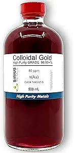 True Colloidal Gold – 50 ppm - 99.99+% Purity - 500 mL (16.9 Fl Oz) en Clear Glass Bottle - Made in USA
