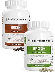 Real Mushrooms Ergothioneine (60ct) y Reishi 415 (90ct) Bundle with Shiitake and Oyster Mushroom Extracts - Longevity and Relaxation -Vegan, Gluten Free, Non-GMO - Natural Support for Healthy Aging