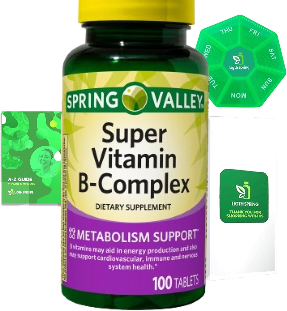 Super Vitamina B-Complex 100 Tabletas Suplemento dietético Bundle Exclusivo Mejor Ligth plagaSpring Guide + Pill semanal Organizar (3 artículos)