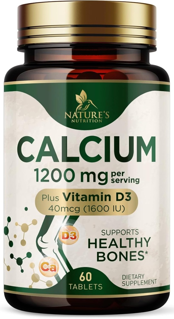 Calcio 1200 mg con vitamina D3 - Suplemento de salud ósea, vitamina D &amp; suplementos de calcio para hombres de mujer - fuerza ósea, dientes &amp; soporte inmunológico, píldoras de calcio de la naturaleza, embotellado en EE.UU. - 60 tabletas