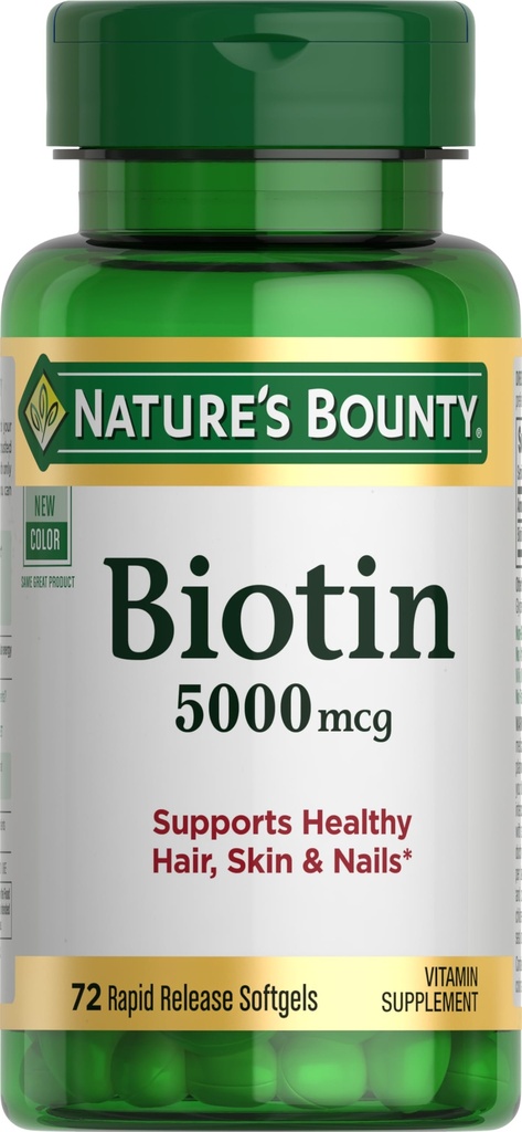 Biotina Bounty de la naturaleza, apoya el metabolismo para la energía celular y el cabello saludable, la piel y las uñas, 5000 mcg, 72 Softgels