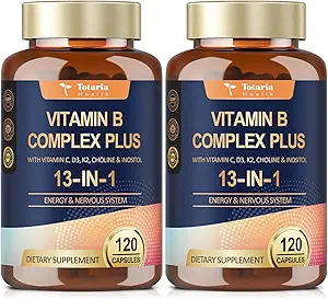 13-in-1 Vitamin B Complex Plus with Vitamin B1, B2, B3 (Niacin), B4, B5, B6, B7 (Biotin), B8 (Inositol), B9 (Folate), B12, C, D3, K2 for Energy, Nerve, Immune, Skin - 120 Caps per Bottle - 2 Bottles