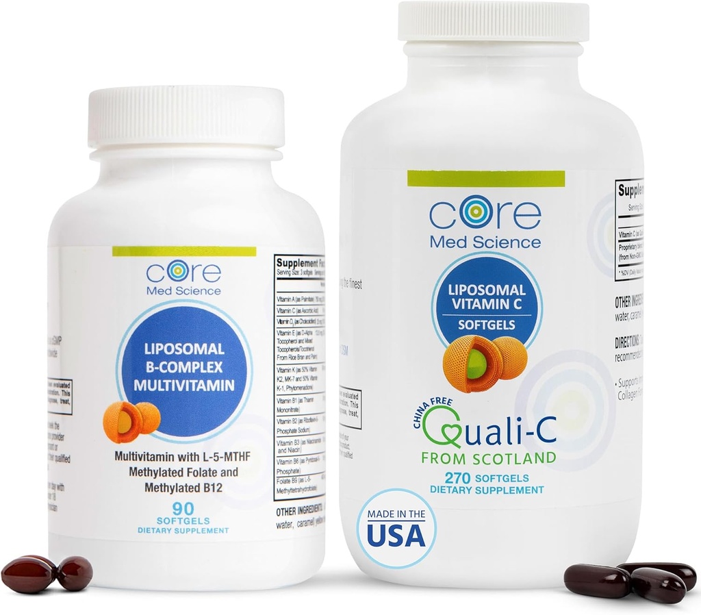 Core Med Science Liposomal Vitamina B-Complex &amp; Vitamina C 1000mg Soft Gels Bundle for Heart Health &amp; Immune System