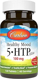 Carlson - Elite saludable Mood 5-HTP, 100 mg, Producción de serotonina, Mood saludable " promueve la relajación, sabor natural de frambuesa, 120 tabletas