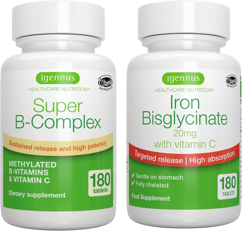 Super B-Complex &amp; High Absorption Iron Bisglycinate 20mg with Vitamin C, Vegan Bundle, Methylated Sustained Release B Complex & Gentle One-a-Day Iron with Targeted Release, by Igennus