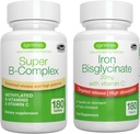 Super B-Complex & High Absorption Iron Bisglycinate 20mg with Vitamin C, Vegan Bundle, Methylated Sustained Release B Complex & Gentle One-a-Day Iron with Targeted Release, by Igennus