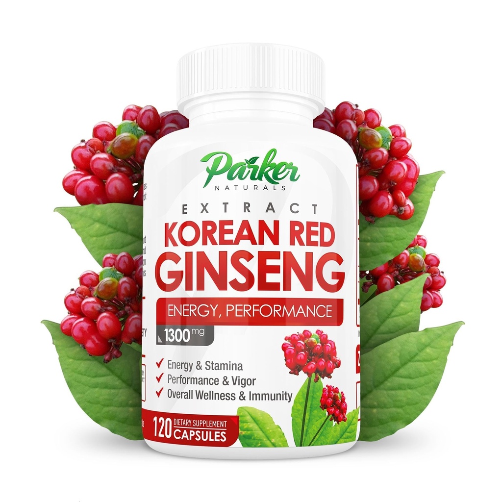 Parker Naturals Coreano Red Ginseng Extracto, 1300mg Extracto con Ginger Root y Black Pepper, 20% Ginsenosides Red Panax Ginseng Suplemento, 120 Caps