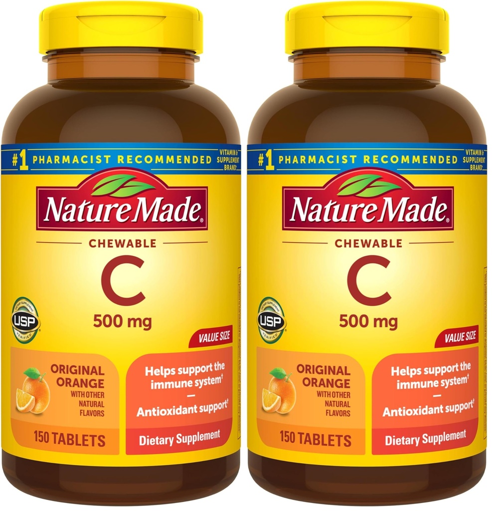 Natural Made Chewable Vitamina C 500 mg, Suplemento dietético para Apoyo Inmunitario, 150 Tabletas, 150 Day Supply (Pack of 2)