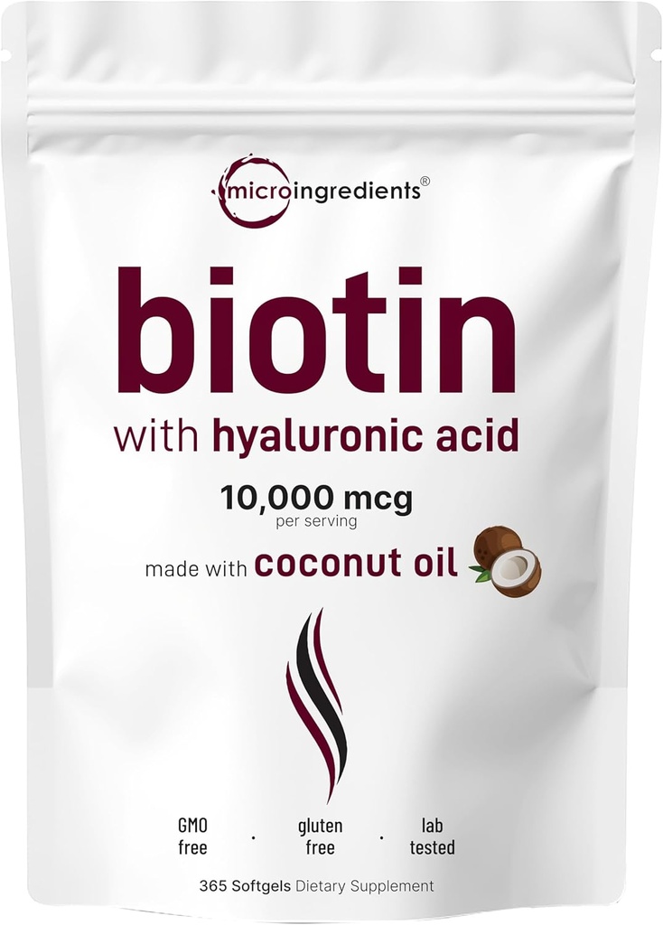 Micro Ingredientes Biotina 10,000mcg w/Hyaluronic Acid 25mg  durable 365 Virgin Coconut Oil Softgels, Fast Release, One Year Supply, Supports Healthy Hair, Skin & Nails, Non-GMO & No Gluten